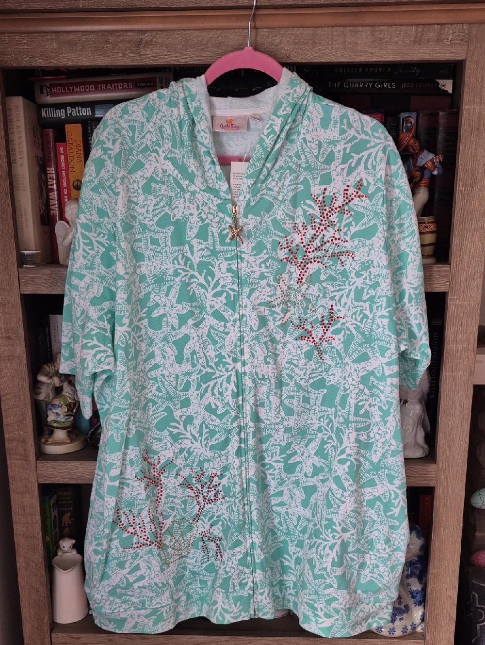 Quacker Factory Mint Floral Zip Front Top with Rhinestone Accent